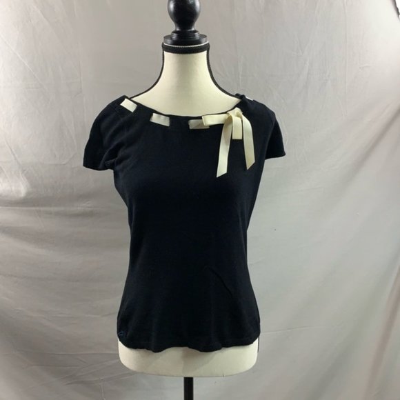 Black Short Sleeve Knit with Ribbon Insert - Picture 1 of 5